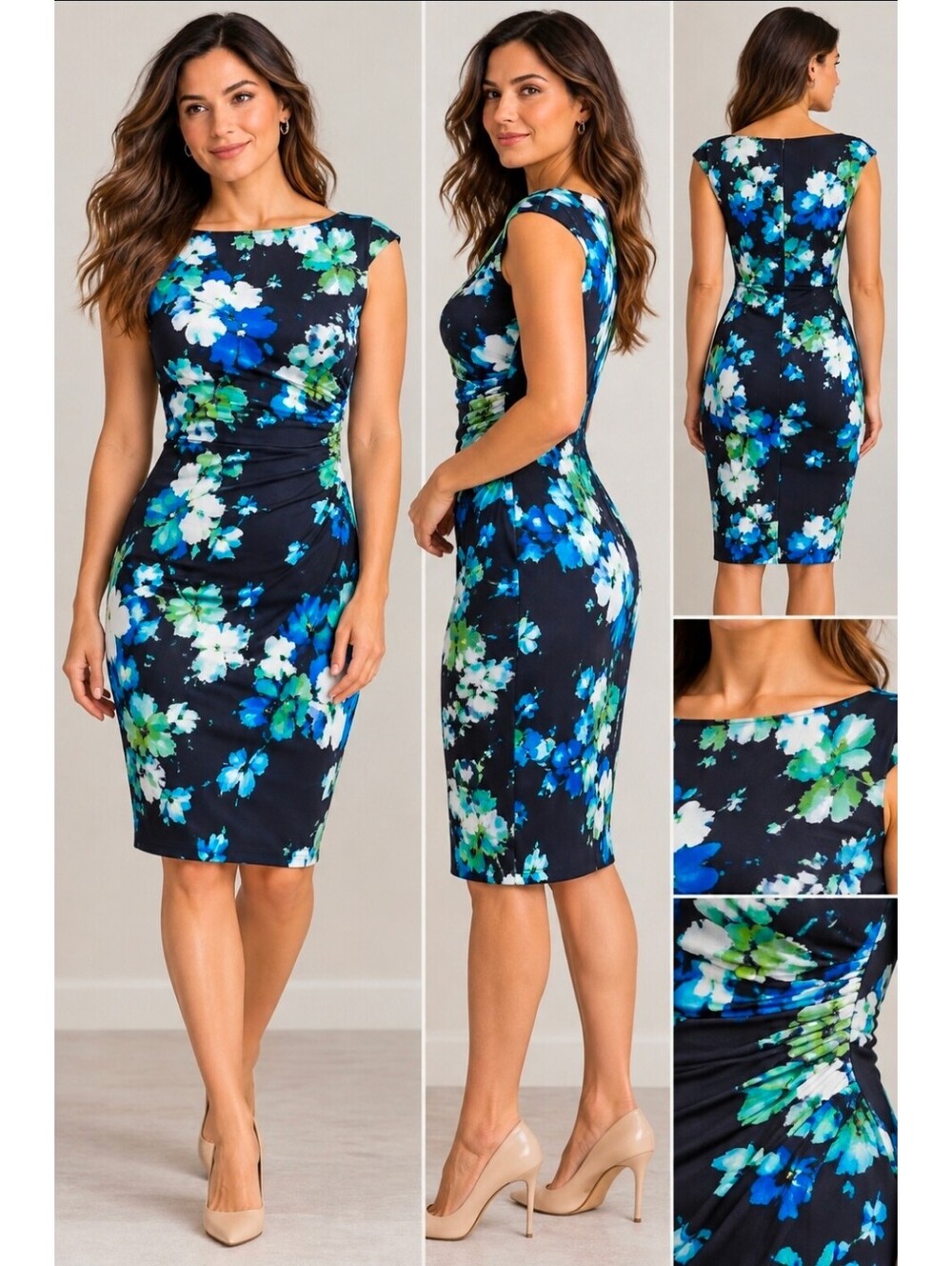 Lauren Ralph Lauren Womens 6 Floral Ruched Sheath Dress Navy Blue Stretch